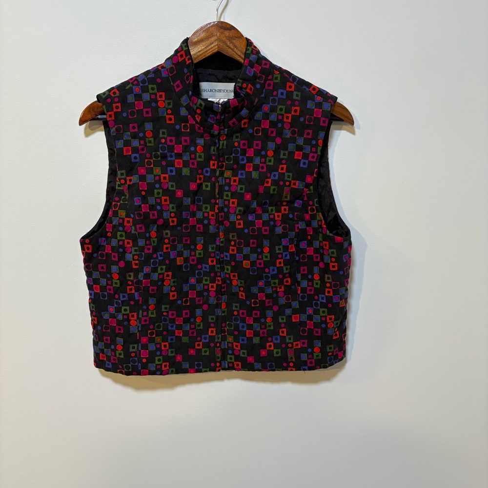Vintage 90s Sharon Young Geometric Zip Vest Women’s Size 8 Retro Art